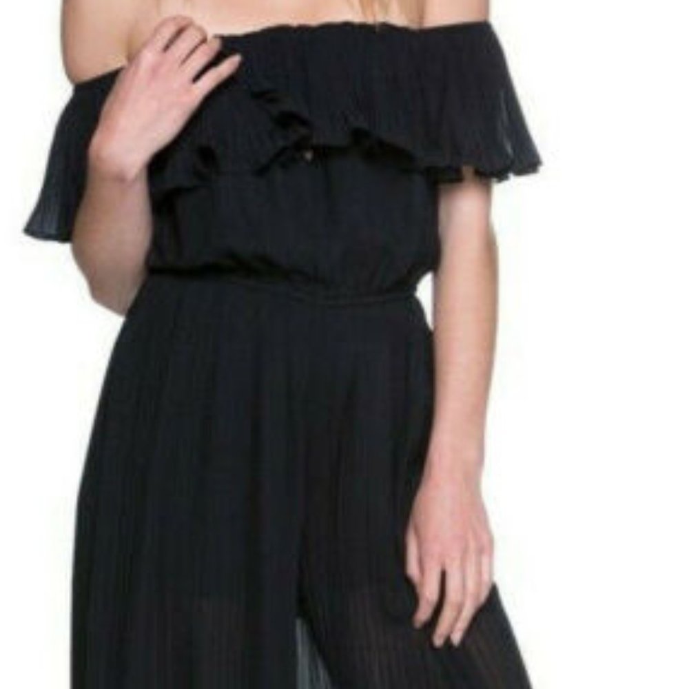 Endless Rose Black Chiffon Pleated Jumpsuit Off Shoulder Keyhole Front Size S